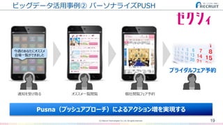 ビッグデータ活用事例② パーソナライズPUSH
19(C) Recruit Technologies Co.,Ltd. All rights reserved.
Pusna（プッシュアプローチ）によるアクション増を実現する
今週のあなたにオススメ
会場一覧ができました
通知を受け取る オススメ一覧閲覧 個社閲覧フェア予約
ブライダルフェア予約
 
