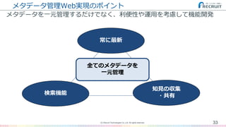 メタデータ管理Web実現のポイント
メタデータを一元管理するだけでなく、利便性や運用を考慮して機能開発
33(C) Recruit Technologies Co.,Ltd. All rights reserved.
常に最新
検索機能
知見の収集
・共有
全てのメタデータを
一元管理
 