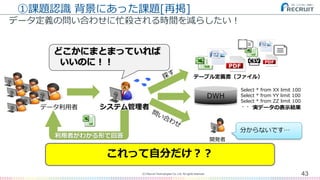 ①課題認識 背景にあった課題[再掲]
データ定義の問い合わせに忙殺される時間を減らしたい！
43(C) Recruit Technologies Co.,Ltd. All rights reserved.
どこかにまとまっていれば
いいのに！！
データ利用者
テーブル定義書（ファイル）
DWH
実データの表示結果
Select * from XX limit 100
Select * from YY limit 100
Select * from ZZ limit 100
・・・
開発者
分からないです…
×
これって自分だけ？？
利用者がわかる形で回答
システム管理者
 