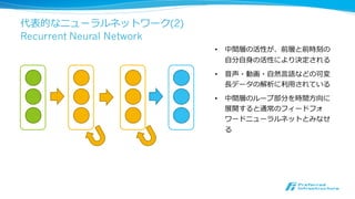 代表的なニューラルネットワーク(1)
Convolutional Neural Network • 畳み込み層とプーリング層を交互に重ねた
構造をしたニューラルネットワーク
• 主に画像解析で利利⽤用されている
• 畳み込み層
• 前層の近傍のユニットのみと結合して
いる
• ユニット間で重みを共有
• プーリング層
• ユニットの活性をまとめる
• 最⼤大値をとる(Max Pooling)か平均値
をとる(Average Pooling)のが⼀一般的
畳み込み層
プーリング層
同じ⾊色の結合は
重みが等しい
 