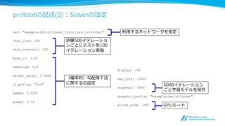 prototxtのパラメータは何を与えれば良良い？
• prototxtのパラメータに対応するデータ構造は
Protocol Bufferで⽣生成
• パラメータ定義のための専⽤用⾔言語があると思
えば良良い
• src/caffe/proto/caffe.proto
• パラメータの意味はコメント参照
• 正確な使い⽅方の把握はコードを⾒見見るしかない
• 例例：LayerParameter
• 例例：InnerProductParameter
・・・
・・・
prototxt（抜粋）
 