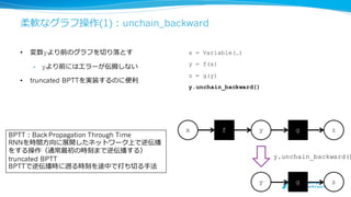 Chainerの構成要素(2)：FunctionSet, Optimizer
FunctionSet：パラメータ化されたfunctionをまとめあげるクラス
主な使い⽅方
• functionのパラメータをまとめてGPUに転送する
• functionのパラメータと勾配をまとめてOptimizerに受け渡す
Optimizer：最適化アルゴリズム
l 主要なアルゴリズムを提供：SGD, MomentumSGD, AdaGrad, RMSprop, ADADELTA, Adam
l パラメータや勾配の操作も可能：weight decay, gradient clip,
 