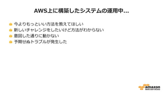AWS上に構築したシステムの運用中...
今よりもっといい方法を教えてほしい
新しいチャレンジをしたいけど方法がわからない
意図した通りに動かない
予期せぬトラブルが発生した
 
