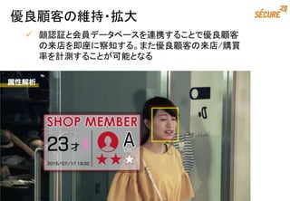 優良顧客の維持・拡大
 顔認証と会員データベースを連携することで優良顧客
の来店を即座に察知する。また優良顧客の来店/購買
率を計測することが可能となる
 