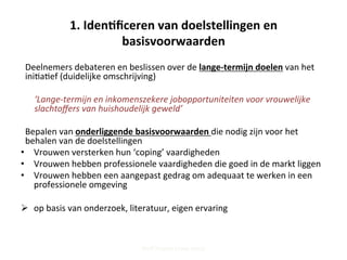 1.	
  Iden'ﬁceren	
  van	
  doelstellingen	
  en	
  
basisvoorwaarden	
  
Deelnemers	
  debateren	
  en	
  beslissen	
  over	
  de	
  lange-­‐termijn	
  doelen	
  van	
  het	
  
ini;a;ef	
  (duidelijke	
  omschrijving)	
  	
  
	
  
	
  ‘Lange-­‐termijn	
  en	
  inkomenszekere	
  jobopportuniteiten	
  voor	
  vrouwelijke	
  
slachtoﬀers	
  van	
  huishoudelijk	
  geweld’	
  
Bepalen	
  van	
  onderliggende	
  basisvoorwaarden	
  die	
  nodig	
  zijn	
  voor	
  het	
  
behalen	
  van	
  de	
  doelstellingen	
  
•  Vrouwen	
  versterken	
  hun	
  ‘coping’	
  vaardigheden	
  
•  Vrouwen	
  hebben	
  professionele	
  vaardigheden	
  die	
  goed	
  in	
  de	
  markt	
  liggen	
  
•  Vrouwen	
  hebben	
  een	
  aangepast	
  gedrag	
  om	
  adequaat	
  te	
  werken	
  in	
  een	
  
professionele	
  omgeving	
  
Ø  op	
  basis	
  van	
  onderzoek,	
  literatuur,	
  eigen	
  ervaring	
  	
  
Steff Deprez (June 2015)
 