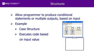 Structures
 Allow programmer to produce conditional
statements or multiple outputs, based on input
 Example
 Case Structure
 Executes code based
on input value
 