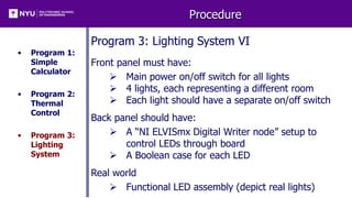 Procedure
• Program 1:
Simple
Calculator
• Program 2:
Thermal
Control
• Program 3:
Lighting
System
Program 3: Lighting System VI
Front panel must have:
 Main power on/off switch for all lights
 4 lights, each representing a different room
 Each light should have a separate on/off switch
Back panel should have:
 A “NI ELVISmx Digital Writer node” setup to
control LEDs through board
 A Boolean case for each LED
Real world
 Functional LED assembly (depict real lights)
 