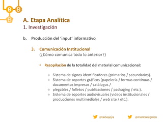 A. Etapa Analítica
1. Investigación
b. Producción del ‘input’ informativo
3. Comunicación Institucional
(¿Cómo comunica todo lo anterior?)
• Recopilación de la totalidad del material comunicacional:
 Sistema de signos identificadores (primarios / secundarios).
 Sistema de soportes gráficos (papelería / formas continuas /
documentos impresos / catálogos /
 plegables / folletos / publicaciones / packaging / etc.).
 Sistema de soportes audiovisuales (videos institucionales /
producciones multimediales / web site / etc.).
 