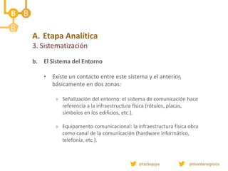 A. Etapa Analítica
3. Sistematización
b. El Sistema del Entorno
• Existe un contacto entre este sistema y el anterior,
básicamente en dos zonas:
 Señalización del entorno: el sistema de comunicación hace
referencia a la infraestructura física (rótulos, placas,
símbolos en los edificios, etc.).
 Equipamento comunicacional: la infraestructura física obra
como canal de la comunicación (hardware informático,
telefonía, etc.).
 