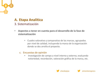 • Aspectos a tener en cuenta para el desarrollo de la fase de
sistematización
• Cuadro valorativo y comparativo de las marcas, agrupados
por nivel de calidad, incluyendo la marca de la organización
donde se des arrolla el proyecto.
c. Encuestas de opinión
• Investigación de campo a nivel interno y externo, evaluando
notoriedad, recordación, valoración gráfica de la marca, etc.
A. Etapa Analítica
3. Sistematización
 