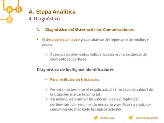 A. Etapa Analítica
4. Diagnóstico
1. Diagnóstico del Sistema de las Comunicaciones
• El desajuste cualitativo y cuantitativo del repertorio de medios y
piezas.
 Ausencia de elementos indispensables y/o la existencia de
elementos superfluos.
Diagnóstico de los Signos Identificadores
• Para instituciones instaladas:
 Permiten determinar el estado actual (el ‘estado de salud’) de
la situación marcaria como tal.
 Así mismo, determinar los valores ‘ideales’, ‘óptimos’,
pertinentes, de rendimiento marcario y verificar su grado de
cumplimiento mediante los signos actuales.
 
