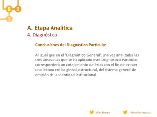 A. Etapa Analítica
4. Diagnóstico
Conclusiones del Diagnóstico Particular
Al igual que en el ‘Diagnóstico General’, una vez analizadas las
tres áreas a las que se ha aplicado este Diagnóstico Particular,
corresponderá́ un cotejamiento de éstas con el fin de extraer
una lectura crítica global, estructural, del sistema general de
emisión de la identidad institucional.
 