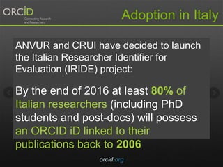 Adoption in Italy
orcid.org
ANVUR and CRUI have decided to launch
the Italian Researcher Identifier for
Evaluation (IRIDE) project:
By the end of 2016 at least 80% of
Italian researchers (including PhD
students and post-docs) will possess
an ORCID iD linked to their
publications back to 2006
 