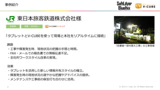 © 2015 V- cube, Inc. All Rights Reserved.6
事例紹介
「タブレットとV-CUBEを使って現場と本社をリアルタイムに接続」
課題
・工事や障害発生時、現地状況の把握の手間と時間。
・FAX・メールでの報告書での情報伝達不足。
・全社的ワークスタイル改革の実現。
効果
・タブレットを活用した新しい情報共有スタイルの確立。
・障害発生時の現地状況の速やかな把握やアドバイスの提供。
・メンテナンスや工事前の保安打ち合わせに活用。
鉄道業 規模：3000名～
「吾妻線一部付替え工事」の工事現場
東日本旅客鉄道株式会社様
 