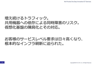 We Provide One Stop Innovative ICT Services
Copyright©2015 ELTEX, Inc. All Rights Reserved.9
お客様のサービスレベル要求は日々高くなり、
根本的なインフラ刷新に迫られた。
増え続けるトラフィック。
共用機器への依存による同時障害のリスク。
仮想化基盤の陳腐化とその対応。
 