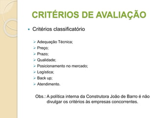 CRITÉRIOS DE AVALIAÇÃO
 Critérios classificatório
 Adequação Técnica;
 Preço;
 Prazo;
 Qualidade;
 Posicionamento no mercado;
 Logística;
 Back up;
 Atendimento.
Obs.: A política interna da Construtora João de Barro é não
divulgar os critérios às empresas concorrentes.
 