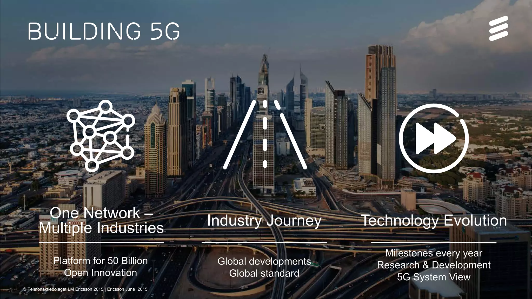 5G Rev C | Commercial in confidence | , Rev | 2015-06-15 | Page 4
Building 5g
Platform for 50 Billion
Open Innovation
Global developments
Global standard
Milestones every year
Research & Development
5G System View
One Network –
Multiple Industries Industry Journey Technology Evolution
© Telefonaktiebolaget LM Ericsson 2015 | Ericsson June 2015
 
