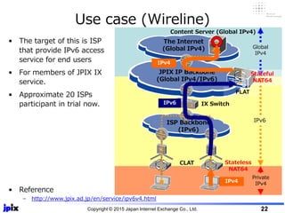 Use case (Wireline)
Copyright © 2015 Japan Internet Exchange Co., Ltd. 22
PLAT
IPv6
JPIX IP Backbone
(Global IPv4/IPv6)
CLAT
Global
IPv4
The Internet
(Global IPv4)
IX Switch
Content Server (Global IPv4)
ISP Backbone
(IPv6)
IPv6
IPv4
Stateful
NAT64
Stateless
NAT64
Private
IPv4IPv4
• The target of this is ISP
that provide IPv6 access
service for end users
• For members of JPIX IX
service.
• Approximate 20 ISPs
participant in trial now.
• Reference
– http://www.jpix.ad.jp/en/service/ipv6v4.html
 