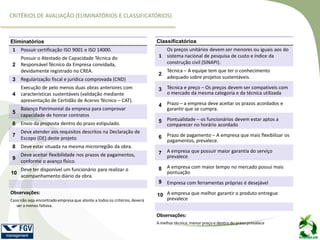 CRITÉRIOS DE AVALIAÇÃO (ELIMINATÓRIOS E CLASSIFICATÓRIOS)
Eliminatórios
1 Possuir certificação ISO 9001 e ISO 14000.
2
Possuir o Atestado de Capacidade Técnica do
Responsável Técnico da Empresa convidada,
devidamente registrado no CREA.
3 Regularização fiscal e jurídica comprovada (CND)
4
Execução de pelo menos duas obras anteriores com
características sustentáveis (validação mediante
apresentação de Certidão de Acervo Técnico – CAT).
5
Balanço Patrimonial da empresa para comprovar
capacidade de honrar contratos
6 Envio da proposta dentro do prazo estipulado.
7
Deve atender aos requisitos descritos na Declaração de
Escopo (DE) deste projeto
8 Deve estar situada na mesma microrregião da obra.
9
Deve aceitar flexibilidade nos prazos de pagamentos,
conforme o avanço físico.
10
Deve ter disponível um funcionário para realizar o
acompanhamento diário da obra.
Observações:
Caso não seja encontrado empresa que atente a todos os critérios, deverá
ser a menos faltosa.
Classificatórios
1
Os preços unitários devem ser menores ou iguais aos do
sistema nacional de pesquisa de custo e índice da
construção civil (SINAPI).
2
Técnica – A equipe tem que ter o conhecimento
adequado sobre projetos sustentáveis.
3 Técnica e preço – Os preços devem ser compatíveis com
o mercado da mesma categoria e da técnica utilizada
4 Prazo – a empresa deve aceitar os prazos acordados e
garantir que se cumpra.
5 Pontualidade – os funcionários devem estar aptos a
comparecer no horário acordado
6 Prazo de pagamento – A empresa que mais flexibilizar os
pagamentos, prevalece.
7 A empresa que possuir maior garantia do serviço
prevalece
8 A empresa com maior tempo no mercado possui mais
pontuação
9 Empresa com ferramentas próprias é desejável
10 A empresa que melhor garantir o produto entregue
prevalece
Observações:
A melhor técnica, menor preço e dentro do prazo prevalece
 