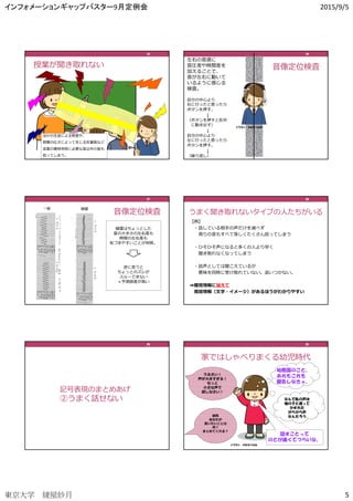 インフォメーションギャップバスター9月定例会 2015/9/5
東京大学 綾屋紗月 5
授業が聞き取れない
25252525
ほかの生徒による物音や、
部屋の広さによって生じる反響音など
⾔葉の意味判別に必要な音以外の音も
拾ってしまう。
25252525
音像定位検査
イラスト：わたなべふみ
左右の音源に
音圧差や時間差を
加えることで、
音が左右に動いて
いるように感じる
検査。
自分の中心より
右に⾏ったと思ったら
ボタンを押す。
↓
（ボタンを押すと反対
に動き出す）
↓
自分の中心より
左に⾏ったと思ったら
ボタンを押す。
↓
（繰り返し）
26262626
音像定位検査
⼀般 綾屋
綾屋はちょっとした
音の大きさの左右差も
時間の左右差も
気づきやすいことが判明。
逆に⾔うと
ちょっとのズレが
スルーできない
＝予測誤差が高い
27272727
うまく聞き取れないタイプの人たちがいる
【例】
・話している相手の声だけを選べず
周りの音もすべて等しくたくさん拾ってしまう
・ひそひそ声になると多くの人より早く
聞き取れなくなってしまう
・話声としては聞こえているが
意味を同時に受け取れていない。追いつかない。
⇒⇒⇒⇒聴覚情報に加えて
視覚情報（文字・イメージ）があるほうがわかりやすい
28282828
29292929
記号表現のまとめあげ
②うまく話せない
家ではしゃべりまくる幼児時代
話すことって
のどが痛くてつらいな。
幼稚園のこと、
あれもこれも
報告しなきゃ。
うるさい！
声が⼤きすぎる！
もっと
小さな声で
話しなさい！
結局
あなたが
言いたいことは
何？
まとめてくれる？
なんで私の声は
他の子と違って
かすれた
がらがら声
なんだろう
イラスト：わたなべふみ
30303030
 