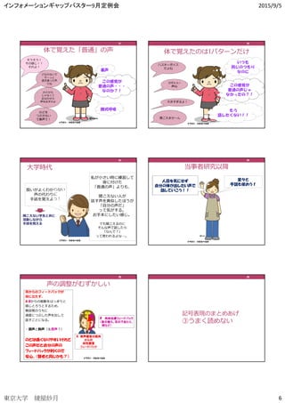 インフォメーションギャップバスター9月定例会 2015/9/5
東京大学 綾屋紗月 6
体で覚えた「普通」の声
イラスト：わたなべふみ
この感覚が
普通の声・・・
なのか？！
そうそう！
その感じ！！
それよ！
どならないで
そ〜っと
透き通った声
でね
のどから
じゃなくて
おなかから
声を出すのよ
のどを
つぶさない
で裏声で！
裏声
腹式呼吸
31313131
体で覚えたのは1パターンだけ
イラスト：わたなべふみ
この感覚が
普通の声じゃ
なかったの？！
ハスキーボイス
だよね
かわいい
声ね
大きすぎるよ！
聞こえませ〜ん
いつも
同じのつもり
なのに
もう
話したくない！！
32323232
大学時代
イラスト：わたなべふみ
扱いがよくわからない
声の代わりに
手話を覚えよう！
私が小さい時に練習して
身に付けた
「普通の声」よりも、
聞こえない人が
話す声を真似したほうが
「自分の声だ」
って気がする。
お手本にしたい感じ。
でも聞こえるのに
そんな声で話したら
「なんで？」
って思われるよな…。
聞こえない学生と共に
活動しながら
手話を覚える
33333333
当事者研究以降
イラスト：わたなべふみ
人目を気にせず
自分の体が出したい声で
話していこう！！
堂々と
手話も使おう！！！！
34343434
声の調整がむずかしい
耳からのフィードバックが
役に⽴たず、
A Bからの振動をはっきりと
感じとろうとするため、
無自覚のうちに
過度につぶした声を出して
話すことになる。
・頭声と胸声（＆首声？）
のどは痛くなりやすいけれど
この声だと自分の声の
フィードバックが利くので
安心。（聾者と同じかも？） イラスト：わたなべふみ
運動運動運動運動
指令指令指令指令
A 発声器官の筋肉発声器官の筋肉発声器官の筋肉発声器官の筋肉
からのからのからのからの
体性感覚体性感覚体性感覚体性感覚
フィードバックフィードバックフィードバックフィードバック
B 肉体伝導フィードバック肉体伝導フィードバック肉体伝導フィードバック肉体伝導フィードバック
（首の後ろ、耳の下あたり、（首の後ろ、耳の下あたり、（首の後ろ、耳の下あたり、（首の後ろ、耳の下あたり、
頭など）頭など）頭など）頭など）
35353535 36363636
記号表現のまとめあげ
③うまく読めない
 