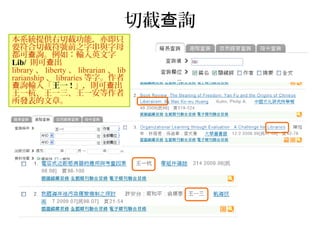 切截 詢查
本系統提供右切截功能，亦即只
要符合切截符號前之字串與字母
都可 詢。例如：輸入英文字查
Lib/ 則可 出查
library 、 liberty 、 librarian 、 lib
rarianship 、 libraries 等字。作者
詢輸入「查 王一 ! 」，則可 出查
王一杭、王一三、王一安等作者
所發表的文章。
 