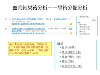 詢結果後分析－－學術分類分析查
輸入 詢詞「藝術治療」筆數為查 79 ，
此 79 筆資料在學術分類屬於 一類。哪
例如哲學 / 心理 (40 筆 ) ，即表示歸
於心理治療的筆數有 40 筆
 