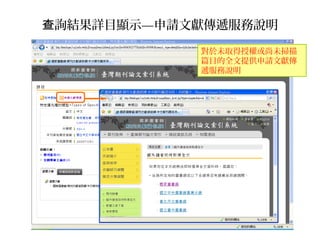詢結果詳目顯示查 —申請文獻傳遞服務說明
對於未取得授權或尚未掃描
篇目的全文提供申請文獻傳
遞服務說明
 