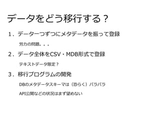 データをどう移行する？
１．データ一つずつにメタデータを振って登録
労力の問題。。。
２．データ全体をCSV・MDB形式で登録
テキストデータ限定？
３．移行プログラムの開発
DBのメタデータスキーマは（恐らく）バラバラ
API公開などの状況はまず望めない
 