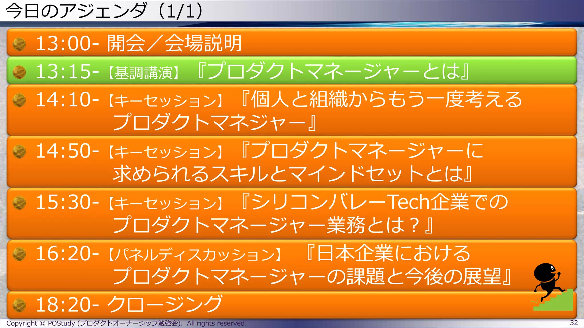 今日のアジェンダ（1/1）
13:00- 開会／会場説明
13:15-【基調講演】『プロダクトマネージャーとは』
14:10-【キーセッション】『個人と組織からもう一度考える
プロダクトマネジャー』
14:50-【キーセッション】『プロダクトマネージャーに
求められるスキルとマインドセットとは』
15:30-【キーセッション】『シリコンバレーTech企業での
プロダクトマネージャー業務とは？』
16:20-【パネルディスカッション】 『日本企業における
プロダクトマネージャーの課題と今後の展望』
18:20- クロージング
Copyright © POStudy (プロダクトオーナーシップ勉強会). All rights reserved. 32
 