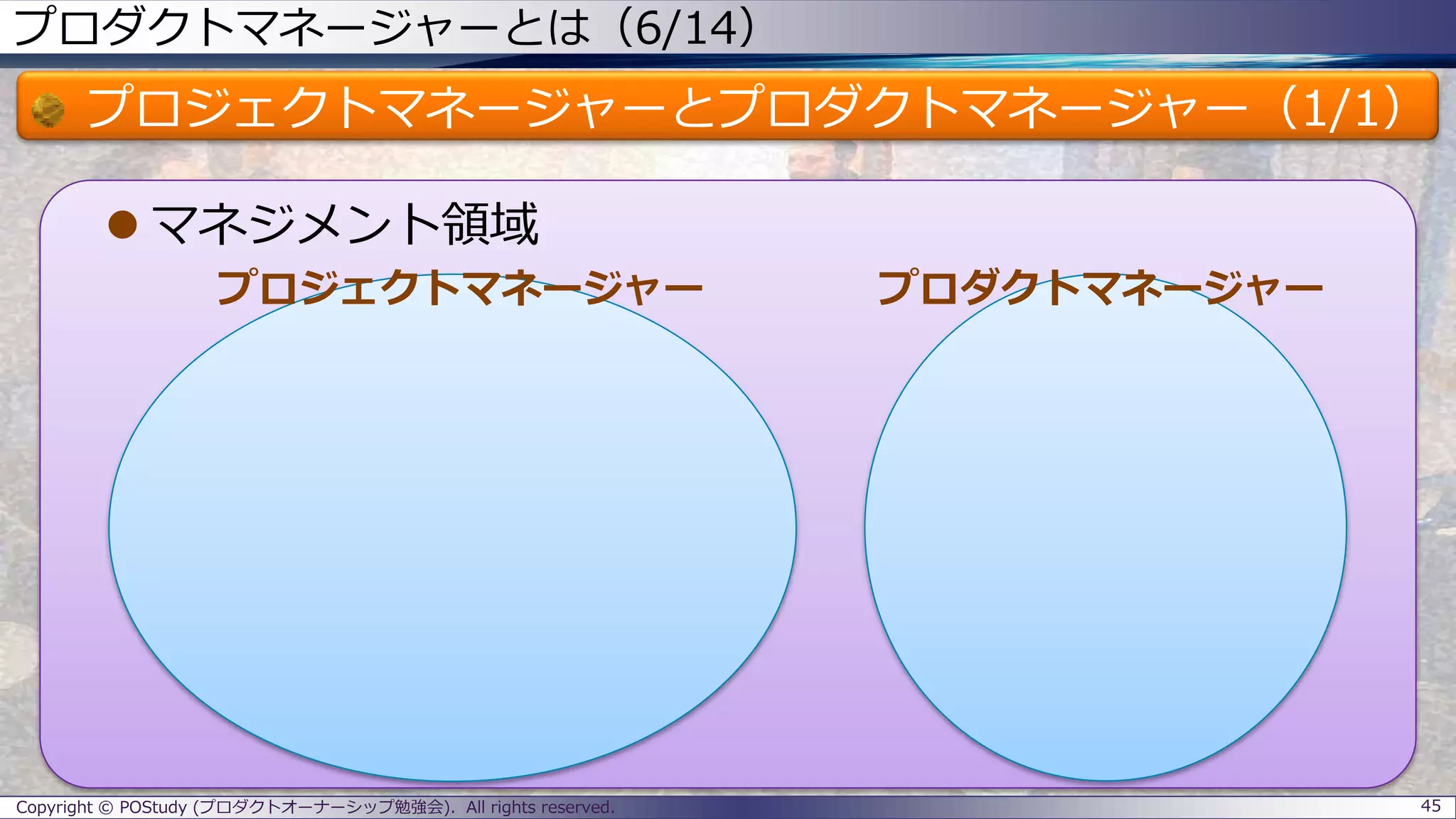 プロダクトマネージャーとは（6/14）
プロジェクトマネージャーとプロダクトマネージャー（1/1）
 マネジメント領域
プロジェクトマネージャー プロダクトマネージャー
Copyright © POStudy (プロダクトオーナーシップ勉強会). All rights reserved. 45
 
