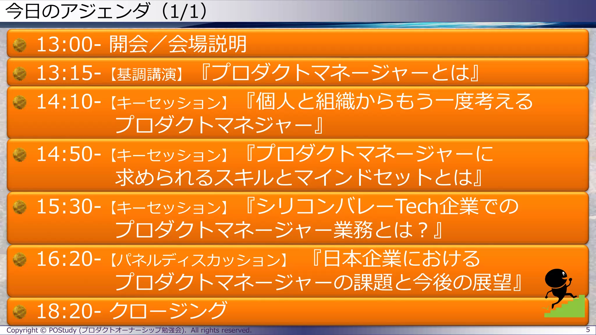 今日のアジェンダ（1/1）
13:00- 開会／会場説明
13:15-【基調講演】『プロダクトマネージャーとは』
14:10-【キーセッション】『個人と組織からもう一度考える
プロダクトマネジャー』
14:50-【キーセッション】『プロダクトマネージャーに
求められるスキルとマインドセットとは』
15:30-【キーセッション】『シリコンバレーTech企業での
プロダクトマネージャー業務とは？』
16:20-【パネルディスカッション】 『日本企業における
プロダクトマネージャーの課題と今後の展望』
18:20- クロージング
Copyright © POStudy (プロダクトオーナーシップ勉強会). All rights reserved. 5
 