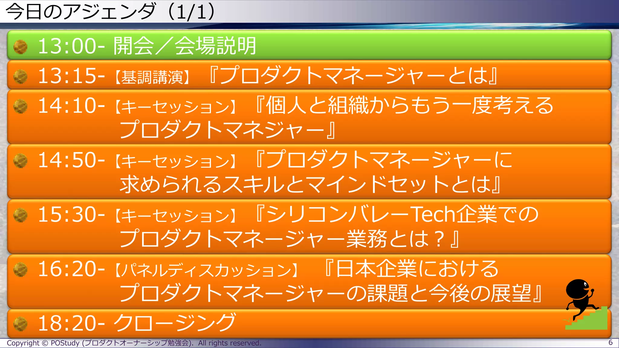 今日のアジェンダ（1/1）
13:00- 開会／会場説明
13:15-【基調講演】『プロダクトマネージャーとは』
14:10-【キーセッション】『個人と組織からもう一度考える
プロダクトマネジャー』
14:50-【キーセッション】『プロダクトマネージャーに
求められるスキルとマインドセットとは』
15:30-【キーセッション】『シリコンバレーTech企業での
プロダクトマネージャー業務とは？』
16:20-【パネルディスカッション】 『日本企業における
プロダクトマネージャーの課題と今後の展望』
18:20- クロージング
Copyright © POStudy (プロダクトオーナーシップ勉強会). All rights reserved. 6
 