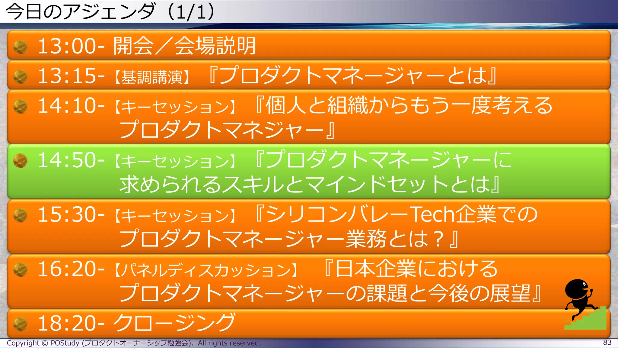 今日のアジェンダ（1/1）
13:00- 開会／会場説明
13:15-【基調講演】『プロダクトマネージャーとは』
14:10-【キーセッション】『個人と組織からもう一度考える
プロダクトマネジャー』
14:50-【キーセッション】『プロダクトマネージャーに
求められるスキルとマインドセットとは』
15:30-【キーセッション】『シリコンバレーTech企業での
プロダクトマネージャー業務とは？』
16:20-【パネルディスカッション】 『日本企業における
プロダクトマネージャーの課題と今後の展望』
18:20- クロージング
Copyright © POStudy (プロダクトオーナーシップ勉強会). All rights reserved. 83
 