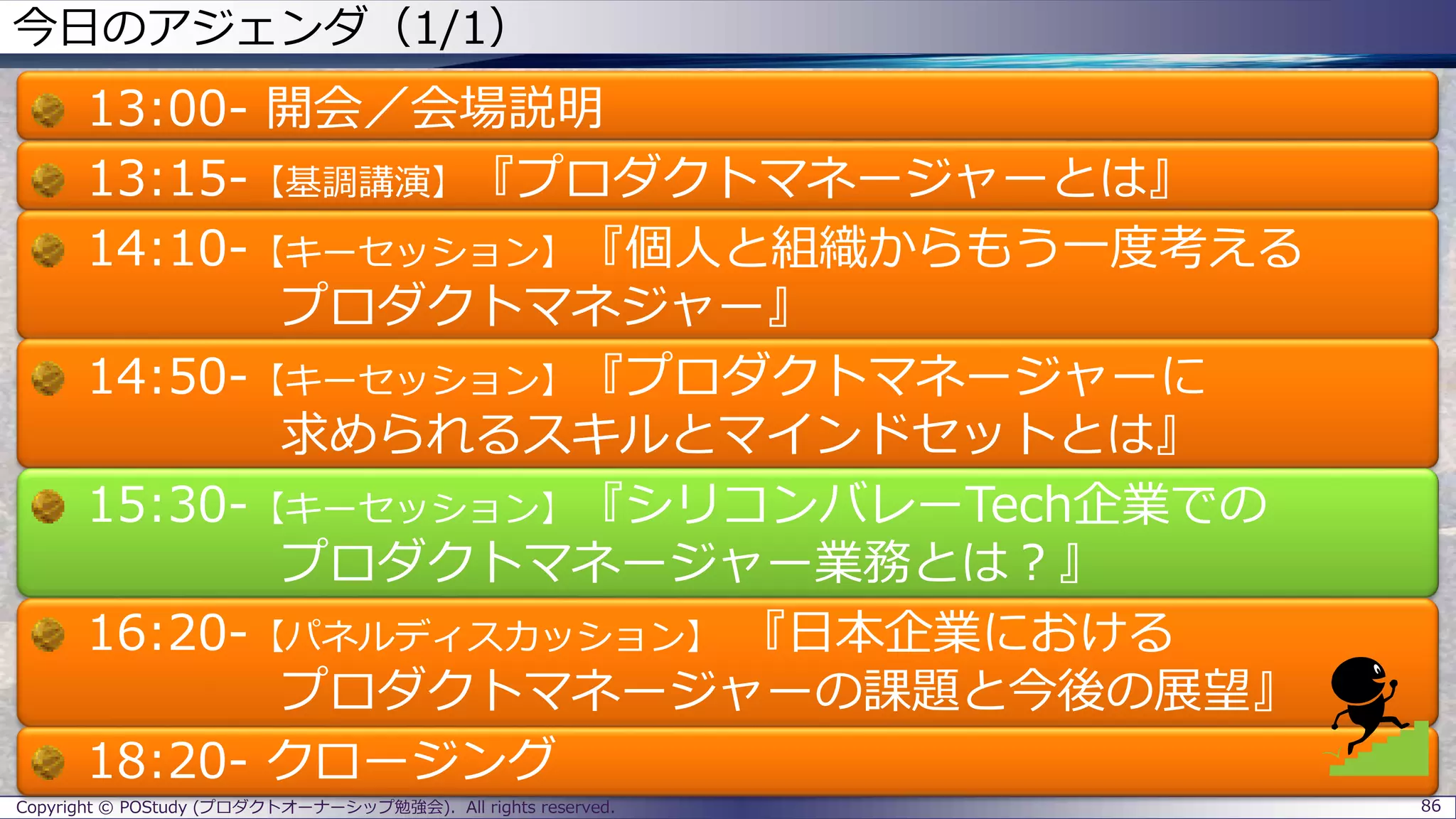 今日のアジェンダ（1/1）
13:00- 開会／会場説明
13:15-【基調講演】『プロダクトマネージャーとは』
14:10-【キーセッション】『個人と組織からもう一度考える
プロダクトマネジャー』
14:50-【キーセッション】『プロダクトマネージャーに
求められるスキルとマインドセットとは』
15:30-【キーセッション】『シリコンバレーTech企業での
プロダクトマネージャー業務とは？』
16:20-【パネルディスカッション】 『日本企業における
プロダクトマネージャーの課題と今後の展望』
18:20- クロージング
Copyright © POStudy (プロダクトオーナーシップ勉強会). All rights reserved. 86
 