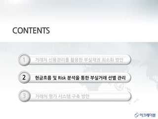 CONTENTS
거래처 평가 시스템 구축 방안3
거래처 신용관리를 활용한 부실채권 최소화 방안1
현금흐름 및 Risk 분석을 통한 부실거래 선별 관리2
 