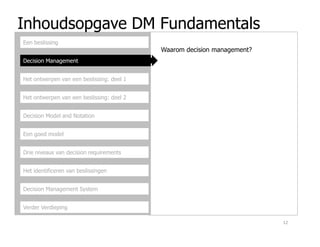 Inhoudsopgave DM Fundamentals
Decision Management
Het ontwerpen van een beslissing: deel 1
Het ontwerpen van een beslissing: deel 2
Decision Model and Notation
Waarom decision management?
Een beslissing
Een goed model
Drie niveaus van decision requirements
Het identificeren van beslissingen
Decision Management System
Verder Verdieping
12
 