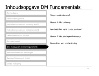 Inhoudsopgave DM Fundamentals
Decision Management
Het ontwerpen van een beslissing: deel 1
Het ontwerpen van een beslissing: deel 2
Decision Model and Notation
Een beslissing
Waarom drie niveaus?
Niveau 1: Het ontwerp.
Wie heeft het recht om te beslissen?
Niveau 2: Het verdiepend ontwerp.
Een goed model
Drie niveaus van decision requirements
Het identificeren van beslissingen
Decision Management System
Verder Verdieping
Beoordelen van een beslissing.
145
 