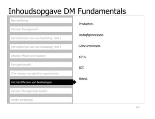 Inhoudsopgave DM Fundamentals
Decision Management
Het ontwerpen van een beslissing: deel 1
Het ontwerpen van een beslissing: deel 2
Decision Model and Notation
Een beslissing
Producten.
Bedrijfsprocessen.
Gebeurtenissen.
KPI’s.
Een goed model
Drie niveaus van decision requirements
Het identificeren van beslissingen
Decision Management System
Verder Verdieping
ICT.
Beleid.
176
 