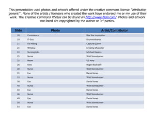 Slide Photo Artist/Contributor
18 Consistency Bite Size Inspiration
19 IT-Guy Drumminhands
21 Kid Hiding Capture Queen
21 Window Creating Character
24 Nursing Jobs Michael Havens
25 Nurse Walt Stoneburner
25 Room US Navy
This presentation used photos and artwork offered under the creative commons license “attribution
generic” . None of the artists / licensors who created the work have endorsed me or my use of their
work. The Creative Commons Photos can be found on http://www.flickr.com/. Photos and artwork
not listed are copyrighted by the author or 3rd parties.
25 Room US Navy
26 Kees Roger Blackwell
28 Nurse Walt Stoneburner
31 Eye Daniel Iones
33 Nurse Walt Stoneburner
38 Eye Daniel Iones
40 Nurse Walt Stoneburner
44 Eye Daniel Iones
46 Nurse Walt Stoneburner
49 Eye Daniel Iones
50 Nurse Walt Stoneburner
54 Eye Daniel Iones
 
