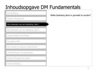Inhoudsopgave DM Fundamentals
Decision Management
Het ontwerpen van een beslissing: deel 1
Het ontwerpen van een beslissing: deel 2
Decision Model and Notation
Een beslissing
Welke beslissing dient er gemaakt te worden?
Een goed model
Drie niveaus van decision requirements
Het identificeren van beslissingen
Decision Management System
Verder Verdieping
27
 
