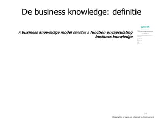 A business knowledge model denotes a function encapsulating
business knowledge
De business knowledge: definitie
(Copyrights of logos are retained by their owners)
34
 
