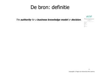 The authority for a business knowledge model or decision.
De bron: definitie
(Copyrights of logos are retained by their owners)
41
 