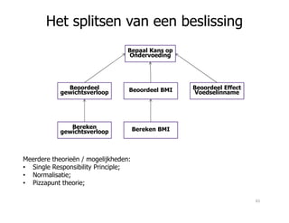 Het splitsen van een beslissing
Bepaal Kans op
Ondervoeding
Beoordeel
gewichtsverloop Beoordeel BMI Beoordeel Effect
Voedselinname
Bereken
gewichtsverloop Bereken BMI
Meerdere theorieën / mogelijkheden:
• Single Responsibility Principle;
• Normalisatie;
• Pizzapunt theorie;
65
 