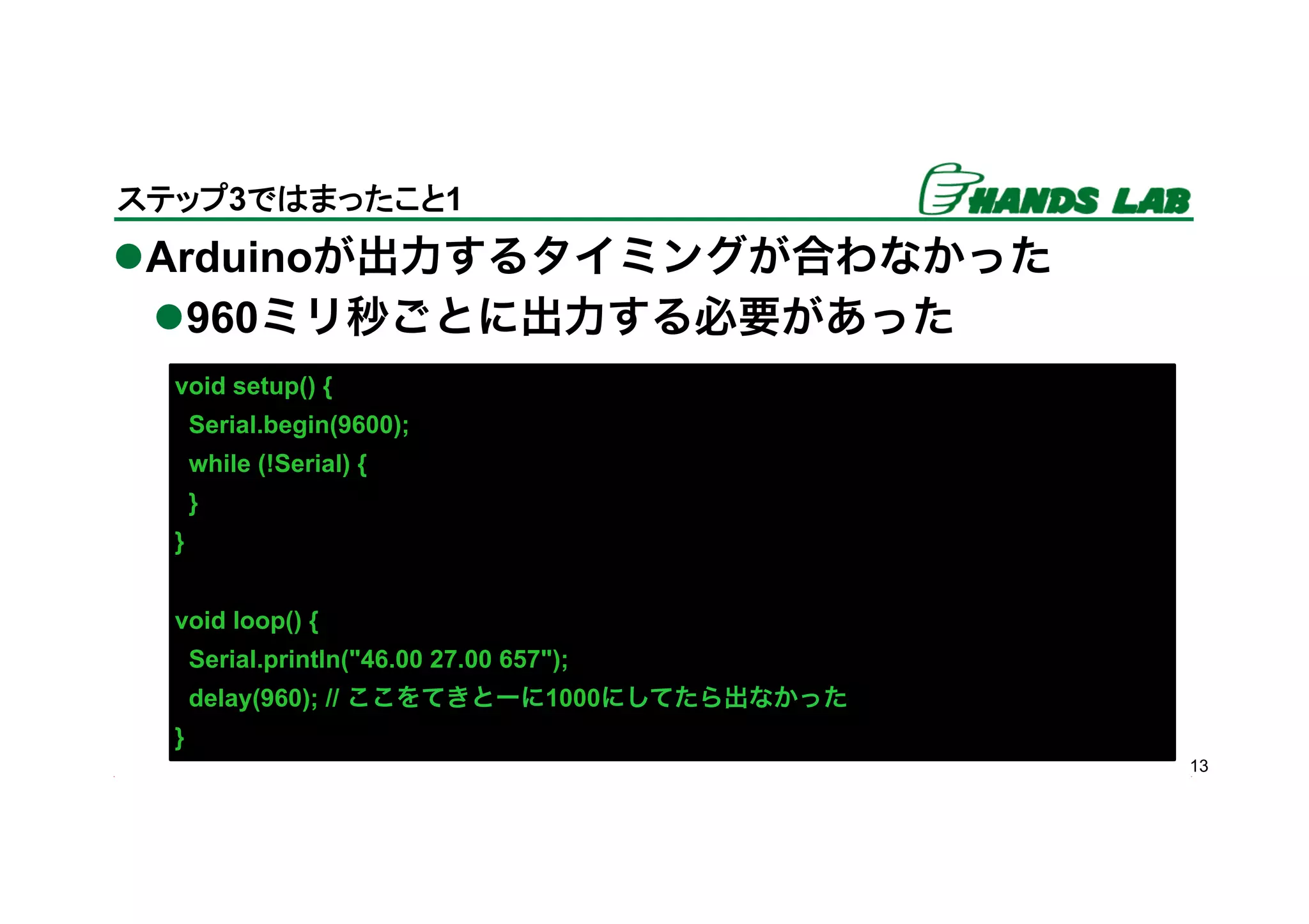l Arduinoが出力するタイミングが合わなかった
l 960ミリ秒ごとに出力する必要があった
13
ステップ3ではまったこと1	
void setup() {
Serial.begin(9600);
while (!Serial) {
}
}
void loop() {
Serial.println("46.00 27.00 657");
delay(960); // ここをてきとーに1000にしてたら出なかった
}
 