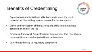 16-Sep-15
Benefits of Credentialing
• Organisations and individuals alike both understand the most
powerful attributes they have or require for the work place
• Clarity and verification of the learning and skills candidates have
achieved on and off the job
• Provides a framework for professional development that contributes
to competitiveness and organisational performance
• Contributes directly to regulatory compliance
 