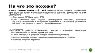 НАБОР ЭЛЕМЕНТАРНЫХ ДЕЙСТВИЙ, имеющих входы и выходы, понимающие
друг друга, без потери информации о содержании объектов, движущихся по этим
цепочкам это
 Один процесс (BPM) или проект (PM)
 Один жизненный цикл создания (проектирования чего-либо), исполнения
(производство чего-либо) и эксплуатации (применение в операционной деятельности
чег-либо) – это логика PLM – Product Lifecycle Management
 МНОЖЕСТВО наборов элементарных действий – отдельные экземпляры
запущенных наборов элементарных действий
 Кейсов из отдельных процессов (наборов элементарных действий)
 Цепочек творческих действий – неформализованных процессов, проектов
 Шаблонов процессов и проектов
09.09.2015Емелин Андрей +79175784150 aaemelin@live.ru www.asys.ru 4
 