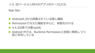 1-2. 旧バージョン向けのアプリのケース(2/3)
App Ops
 Android4.3から搭載されている隠し機能
 Permissionで与えた機能を中心に、制限をかける
 4.4.2以降では要root化
 Android Mでは、Runtime Permissionと密接に関係しつつ
別に存在している
 