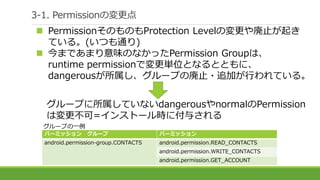 3-1. Permissionの変更点
 PermissionそのものもProtection Levelの変更や廃止が起き
ている。(いつも通り)
 今まであまり意味のなかったPermission Groupは、
runtime permissionで変更単位となるとともに、
dangerousが所属し、グループの廃止・追加が行われている。
パーミッション グループ パーミッション
android.permission-group.CONTACTS android.permission.READ_CONTACTS
android.permission.WRITE_CONTACTS
android.permission.GET_ACCOUNT
グループに所属していないdangerousやnormalのPermission
は変更不可=インストール時に付与される
グループの一例
 