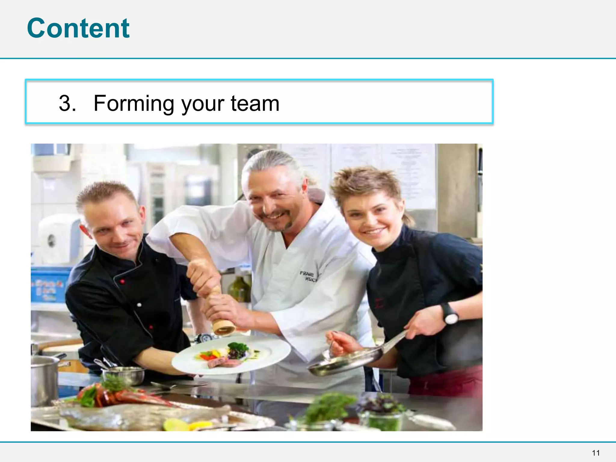 11
3. Forming your team
Content
 